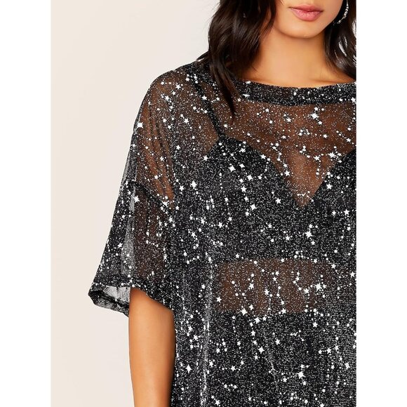 🆕 Women Black Glitter Sheer Tops Mesh Tee Short Sleeve Blouse Through T Shirts - Picture 3 of 5